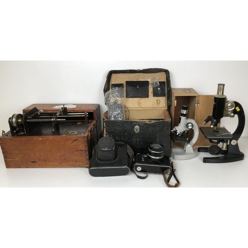 862 - A Prior of London microscope, No 17595, a student's microscope, a camera and other items (qty)