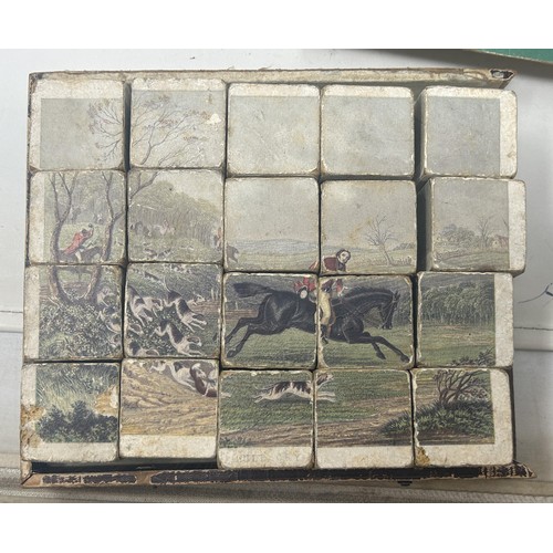 23 - A set of vintage jigsaws, and a set of child's blocks, decorated hunting scenes