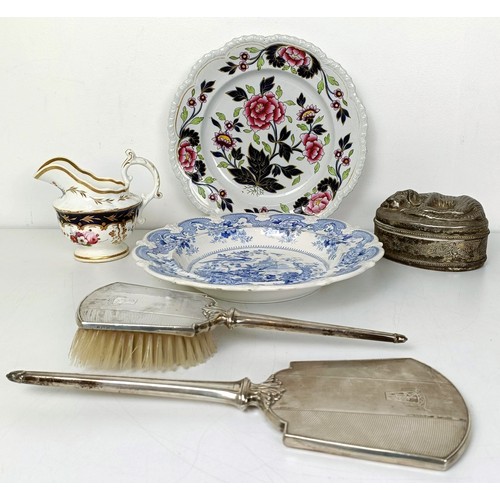 689 - A silver backed mirror, assorted ceramics and other items (qty)