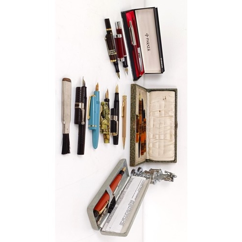 644 - A Swan fountain pen, boxed, assorted other pens and related items (box)