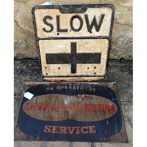 4 - A Slow sign 40 x 36 cm, and a Lucas Service sign (2)