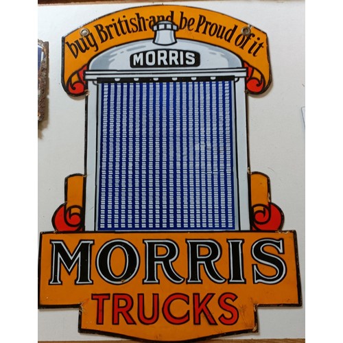 18 - A double sided enamel sign, Morris Trucks, Buy British and Be Proud Of It, with two holes for hangin... 