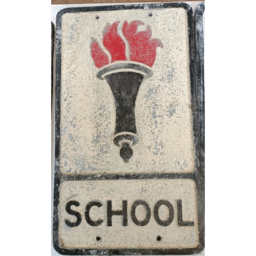 49 - A cast aluminium sign, School, 30.5 cm wide Provenance: From the estate of the late Nick Baldwin