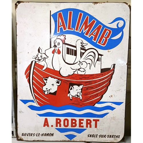 85 - An enamel sign, Alimab, with animals in a boat, 38 cm wide, and two other signs (3) Provenance: From... 