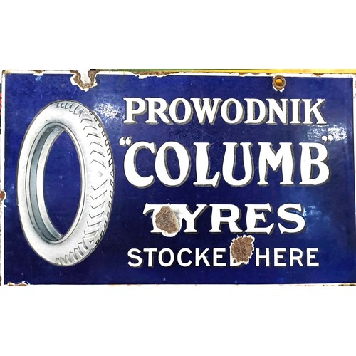 87 - An enamel sign, Prowodnik Columb Tyres Stocked Here, 51 cm wide Provenance: From the estate of the l... 