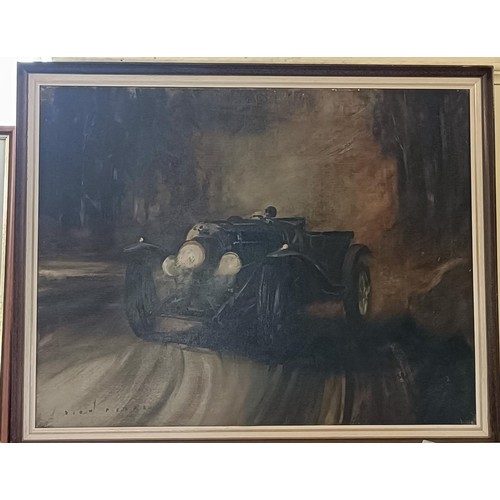 98 - Dion Pears, a Bentley taking a fast corner, oil on canvas, signed, 70 x 90 cm