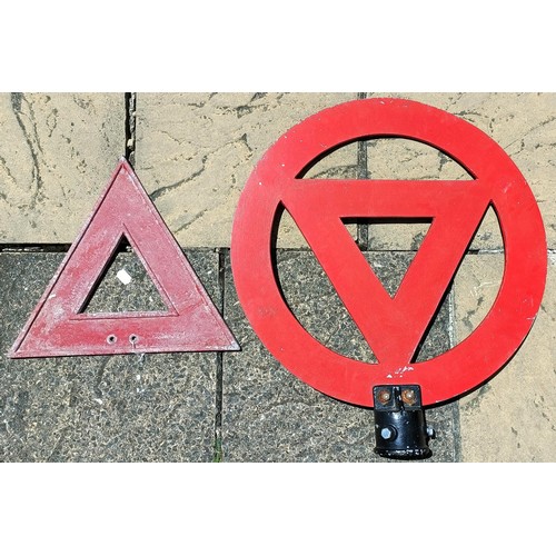 172 - A red painted triangle within a circle warning sign, 68 cm (incl bracket), and a red painted triangl... 