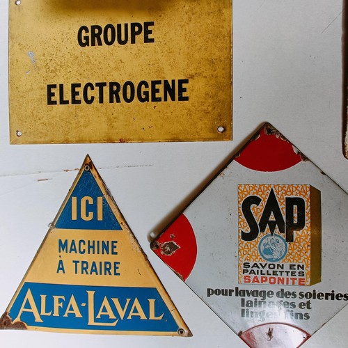 22 - An enamel sign, Ici Machine A Traire Alfa-Laval, 29 cm wide, and four other signs (box) Provenance: ... 