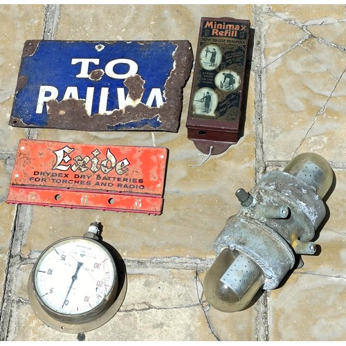 270 - An Exide sign, two other signs, a gauge and a pertrol pump valve (box)