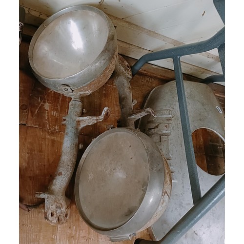 121 - A Latil lorry radiator top surround, and a large pair of headlamps, on stalks (3) Provenance: From t... 