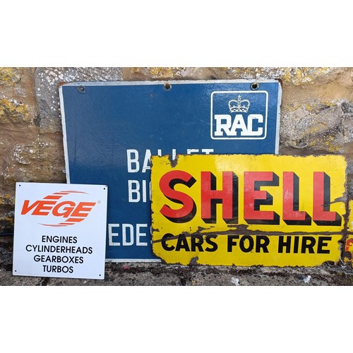 309 - A Shell Cars for Hire double sided enamel sign 38 x 66 cm, a Vege sign, and a RAC sign (3)