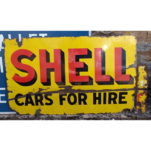 309 - A Shell Cars for Hire double sided enamel sign 38 x 66 cm, a Vege sign, and a RAC sign (3)