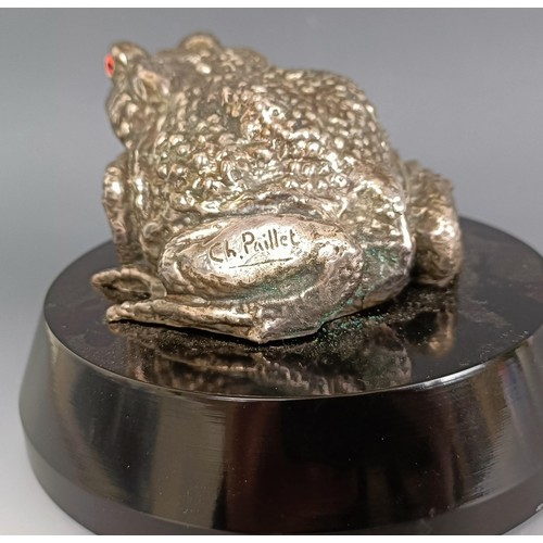 384 - A C Paillet Toad mascot, with nickel plated finish, signed Ch. Paillet and dated 1919, with red glas... 