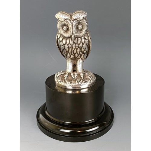 399 - A mid 20th century Long Eared Owl silver plated car mascot, on a modern base, 13.5 cm high Provenanc... 