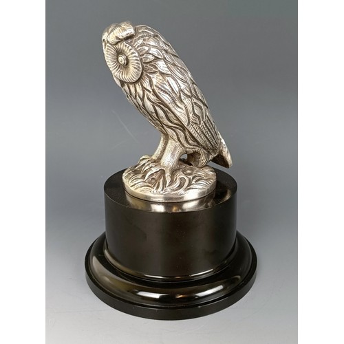 399 - A mid 20th century Long Eared Owl silver plated car mascot, on a modern base, 13.5 cm high Provenanc... 