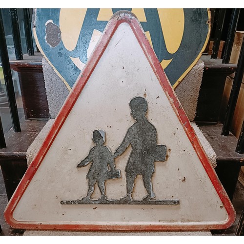 188 - An enamel and aluminium warning sign, School Ahead, 64 cm wide Provenance: From the estate of the la... 