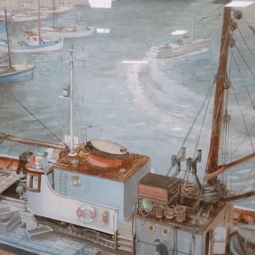 177 - J Neave, AD service fuelling fishing trawler, gouache, signed, label to the back Catalogue No 2235 T... 