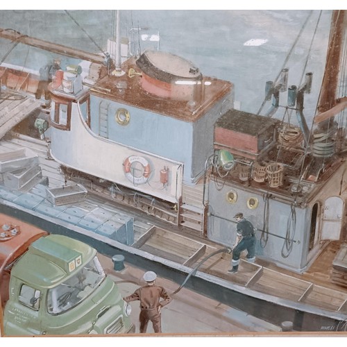 177 - J Neave, AD service fuelling fishing trawler, gouache, signed, label to the back Catalogue No 2235 T... 