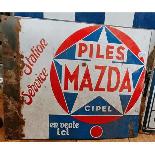 205 - An enamel double sided sign, Mazda Station Service En Vente Ici , 50 cm wide, and two other enamel s... 