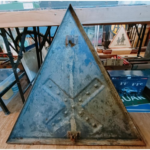 217 - An enamel warning triangle sign, Crossing Ahead, 94 cm wide Provenance: From the estate of the late ... 