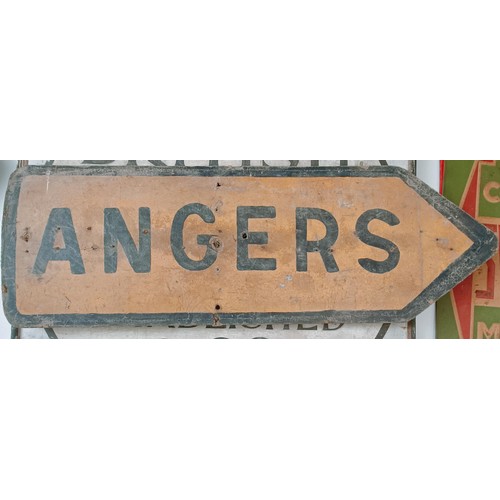 224 - Two French finger type road signs, Tours and Angers, 75 cm wide, and two other painted wood signs (4... 