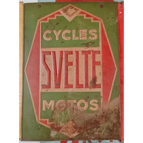 225 - A double sided metal sign, Svelte Cycles Motos, 34 cm wide, and two other metal signs (3) Provenance... 