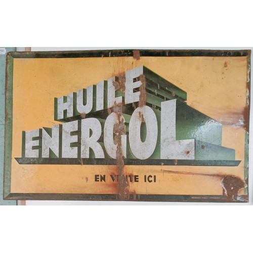 227 - A double sided enamel sign, Huile Energol En Vente Ici, 64 cm wide Provenance: From the estate of th... 