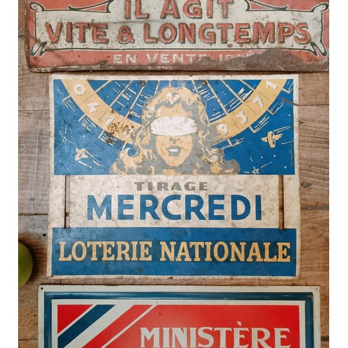 228 - A metal sign, Loterie Nationale, 40 cm wide, and two other metal signs (3) Provenance: From the esta... 