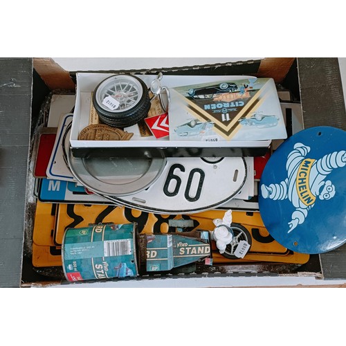 238 - A group of assorted car number plates, rally plaques, badges and other items (box)