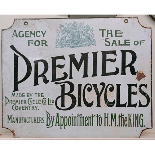 257 - An enamel double sided sign, Agency For The Sale Of Premier Bicycles, Made By The Premier Cycle Co L... 