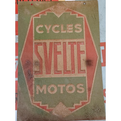 225 - A double sided metal sign, Svelte Cycles Motos, 34 cm wide, and two other metal signs (3) Provenance... 