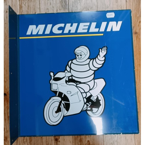 280 - A flanged metal sign, Michelin, with a motorcycle, 45 cm wide, and a plastic light box section, Wood... 