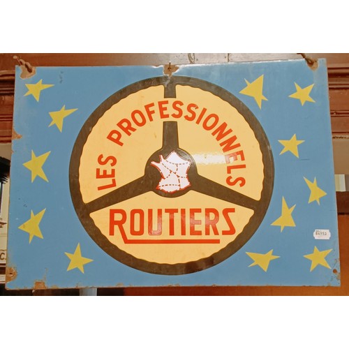 299 - A double sided enamel sign Les Professionnels Routiers, 66 cm wide Provenance: From the estate of th... 