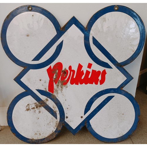 312 - A double sided enamel sign, Perkins, 60 cm wide Provenance: From the estate of the late Nick Baldwin