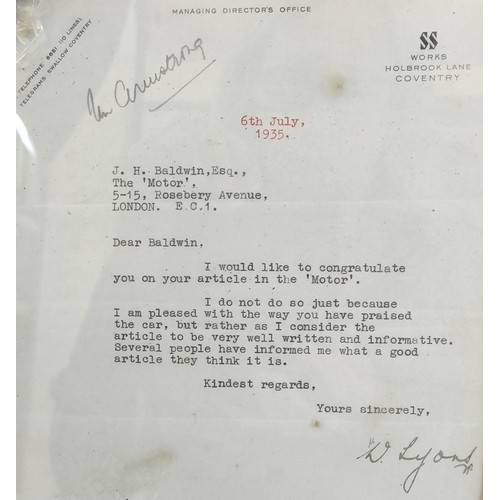 420 - Jaguar History: A letter signed by W Lyons, addressed to J H Baldwin, The Motor, dated 6th July 1935... 