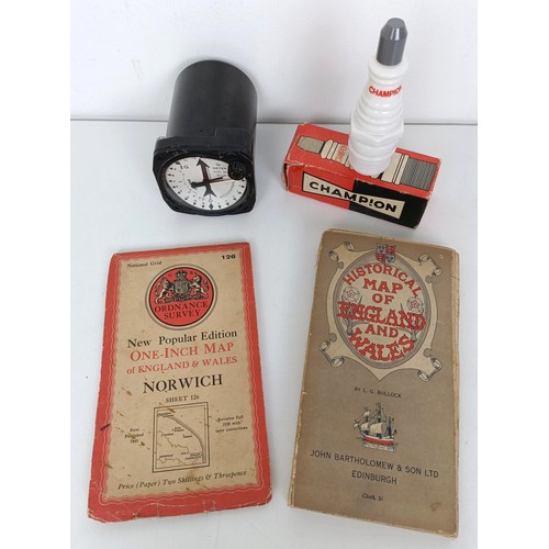 429 - A meter for brakes/accellerating, an Avon Champion Spark Plug after shave bottle and two maps