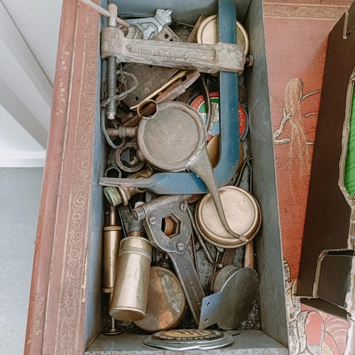 494 - A group of brass oilers, spark plug cleaners, other tools and badges (qty)