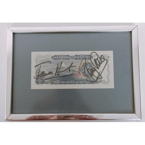 439 - A Japanese 500 Yen banknote, signed by James Hunt and Barry Sheene, purchased from Brooks Auctioneer... 