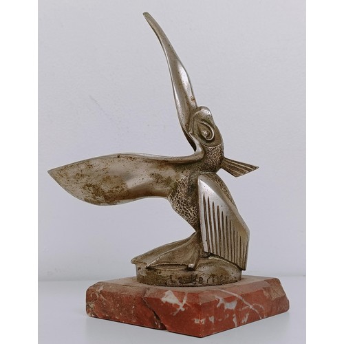 460 - A plated pelican car mascot, after Max Le Verrier, mounted on a marble base, 17.5 cm high (overall) ... 