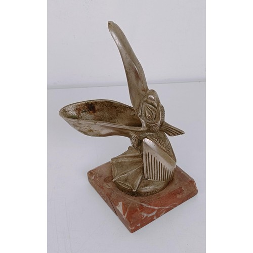 460 - A plated pelican car mascot, after Max Le Verrier, mounted on a marble base, 17.5 cm high (overall) ... 