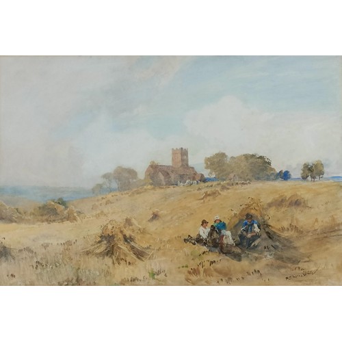 645 - Robert Thorne Waite, harvest time, watercolour, signed, 35 x 51 cm