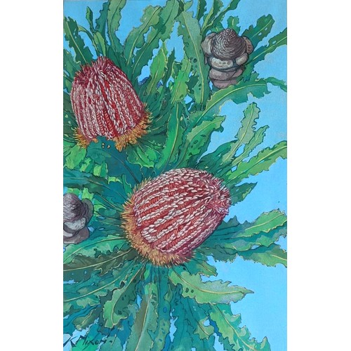 651 - K N Nixon, a flowering shrub, gouache, signed, 46 x 30 cm