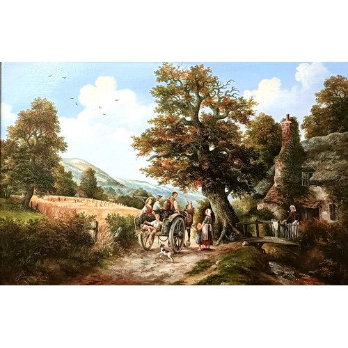 661 - J Sinclair Jack, landscape with figures on a horse and cart, oil on canvas, 50 x 74 cm, Clare Black,... 