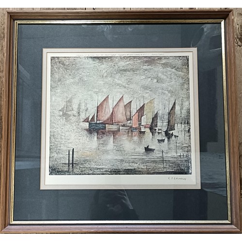 604 - L S Lowry (British 1887-1976), boats, signed in pencil, 36 x 35 cm