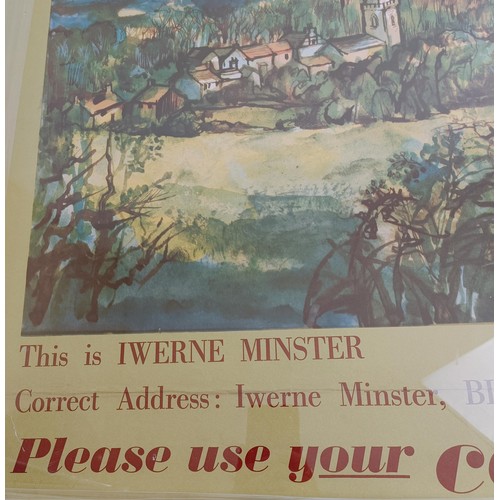 605 - A vintage poster, reading This is Iwerne Minster, Correct Address: Iwerne Minster, Blandford Forum, ... 