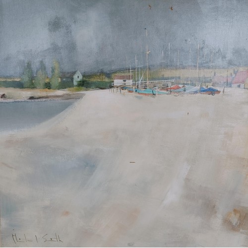 606 - Michael Smith, beach scene, with moored boats, oil on board, signed, 47 x 69 cm