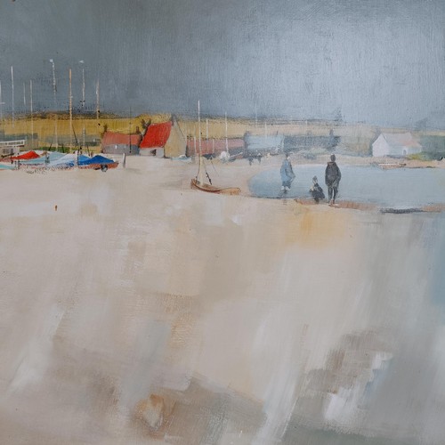 606 - Michael Smith, beach scene, with moored boats, oil on board, signed, 47 x 69 cm