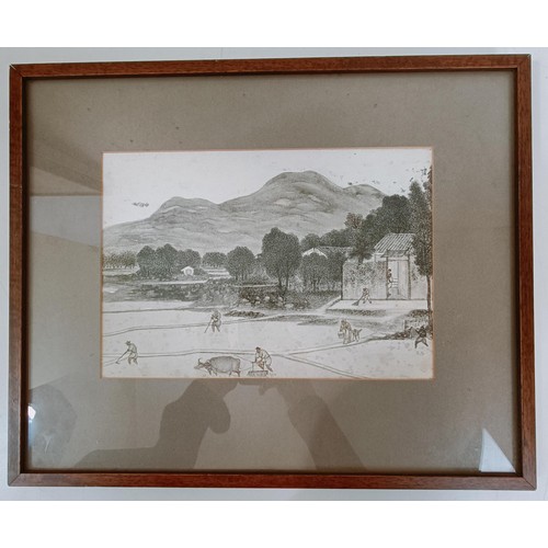 621 - Asian school, landscape with farm workers, charcoal, 26 x 19 cm, attributed John Varley, study of a ... 