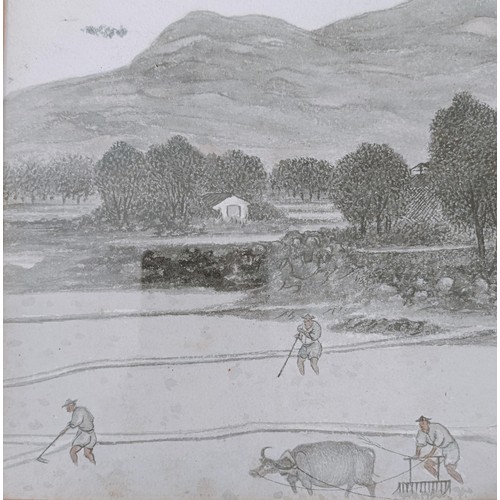 621 - Asian school, landscape with farm workers, charcoal, 26 x 19 cm, attributed John Varley, study of a ... 