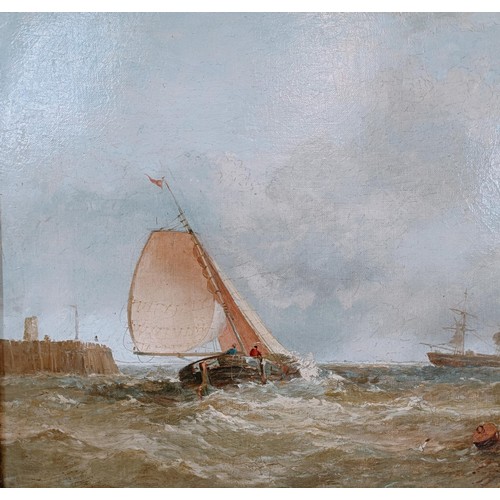 631 - Attributed to A J Meadews, fishing boat leaving harbour, oil on canvas, 30 x 46 cm